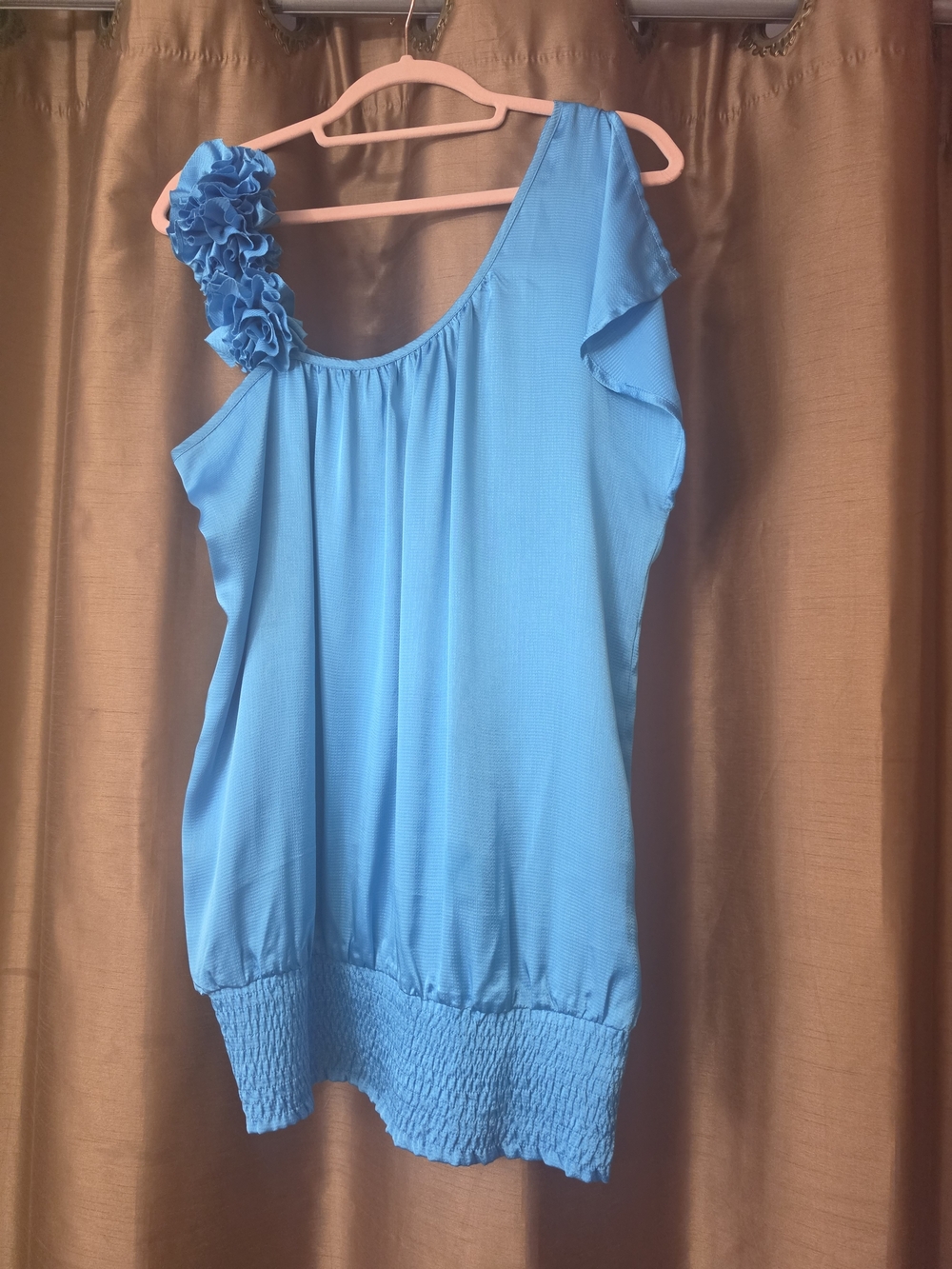 Blue One-Shoulder Ruffle Women’s Top - Picture 3 of 4